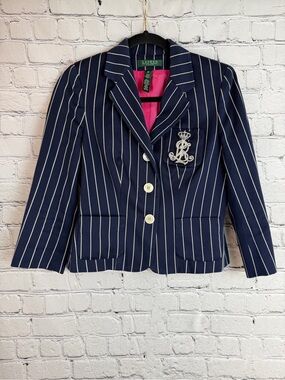 RALPH LAUREN Navy Pinstripe Crest Blazer Jacket Size 4P Preppy Equestrian